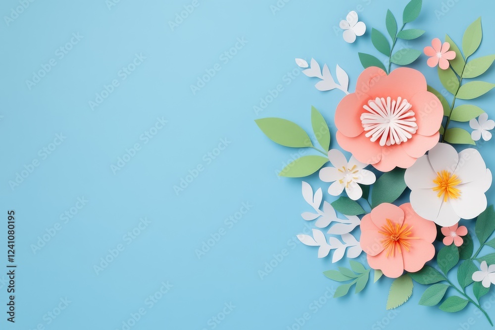 Fototapeta premium A vibrant arrangement of handcrafted, colorful paper flowers on a pastel blue background, showcasing intricate designs and natural foliage.