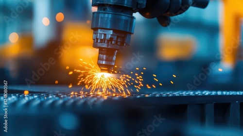 Hydraulic press forcefully shaping and molding metal components under extreme pressure in a high tech modern industrial workshop representing the power photo