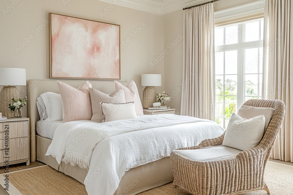 Fototapeta premium Serene bedroom with king bed, beige accents, and wicker chair.