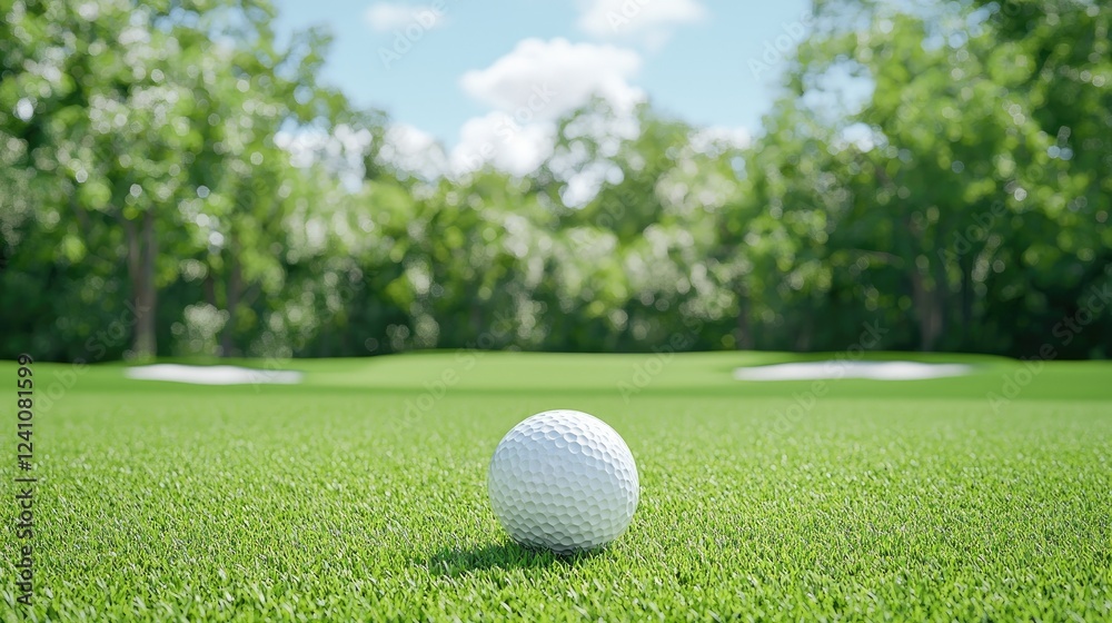 Golf ball on green, sunny day, trees background, leisure activity Golf ball on green, sunny day, trees background, leisure activity