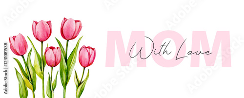 Mother's Day banner with pink tulips. Banner with watercolor tulips and inscription for Mother's Day. I love you mom. Happy Mother's Day. Vector illustration.