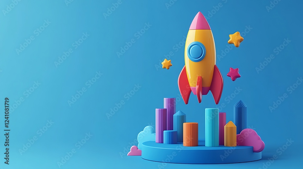 Obraz premium 3D icon of a rocket and bar graph with an upward