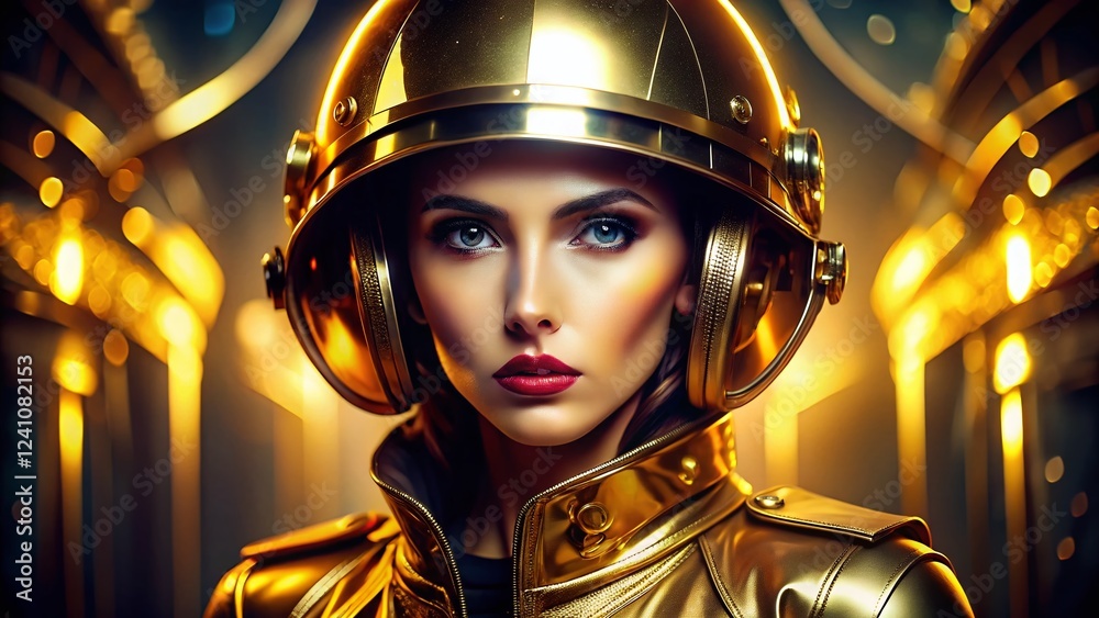 Fashion Model in Gold Military Helmet, Futuristic Glamour Editorial Shoot Fashion Model in Gold Military Helmet, Futuristic Glamour Editorial Shoot