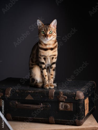 Bengal cat sitting on a vintage suitcase against a dark background. Studio shot capturing the feline's striking coat pattern and attentive expression. Elegant and detailed animal portrait.