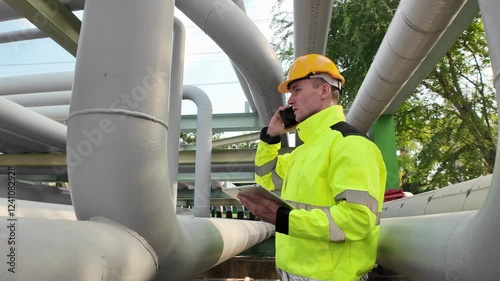 Industrial Engineer in Action: A focused industrial engineer in a yellow safety vest and hard hat, holding a tablet and on a phone call.