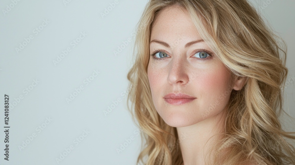 A radiant woman gazes softly at the viewer, her wavy blonde hair framing her face elegantly. The light highlights her features against a neutral backdrop, creating a serene atmosphere A radiant woman gazes softly at the viewer, her wavy blonde hair framing her face elegantly. The light highlights her features against a neutral backdrop, creating a serene atmosphere