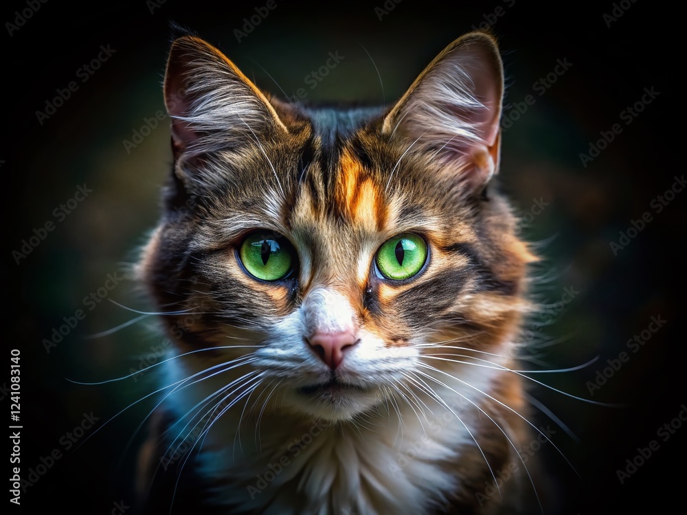 Feral Calico Cat Night Stare - Wild Eyes Stock Photo Feral Calico Cat Night Stare - Wild Eyes Stock Photo