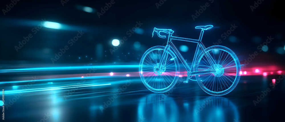 Fototapeta premium A glowing neon bicycle in a futuristic setting, showcasing speed and innovation through dynamic light trails.
