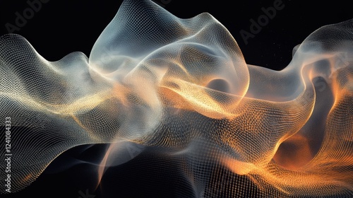 A digital illustration of abstract art featuring a complex network of lines and shapes in shades of orange, yellow, and white against a black background.
