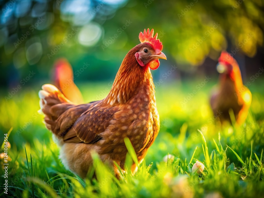 Fototapeta premium Free-Range Brown Hen in Meadow, Tilt-Shift Miniature Effect