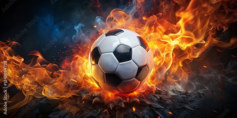 Fototapeta premium Fiery Soccer Ball: Dramatic Low-Light Sports Photography
