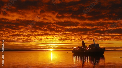 Fiery sunset over calm sea, ship at anchor, background dramatic clouds, ideal for travel or nature websites