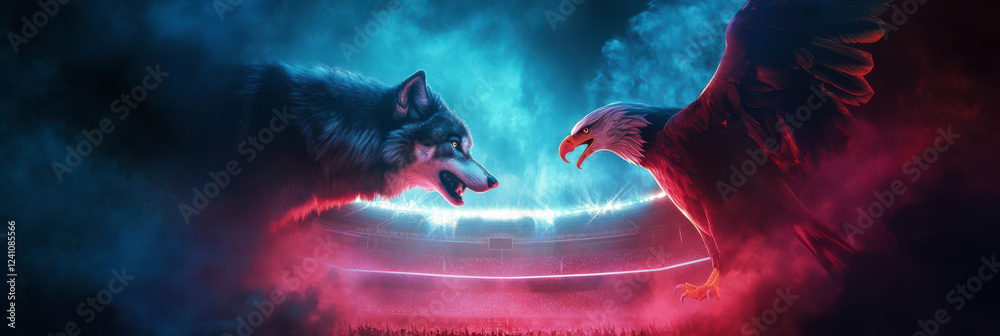 Fototapeta premium A dramatic face off between a wolf and an eagle american football teams. Sports competition and rivalry