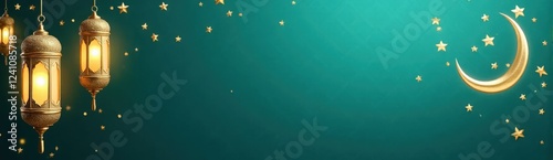A 2D teal background with a repeating diamond pattern. Gold Islamic-style lanterns, a crescent moon, and mosque silhouettes hang from the top, slightly to the left.