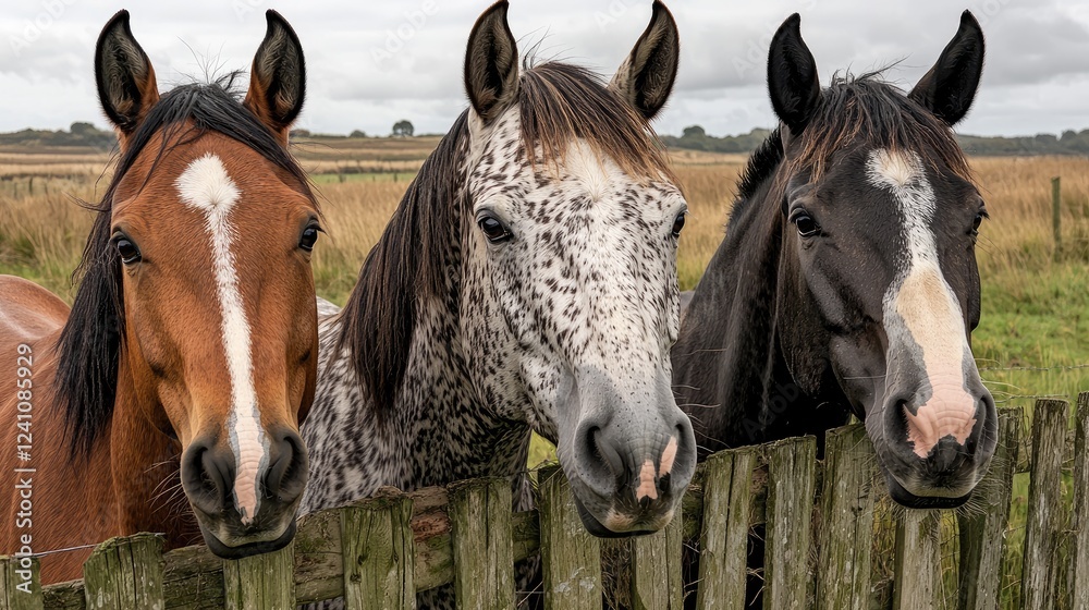 Naklejka premium Three horses peek over fence in field
