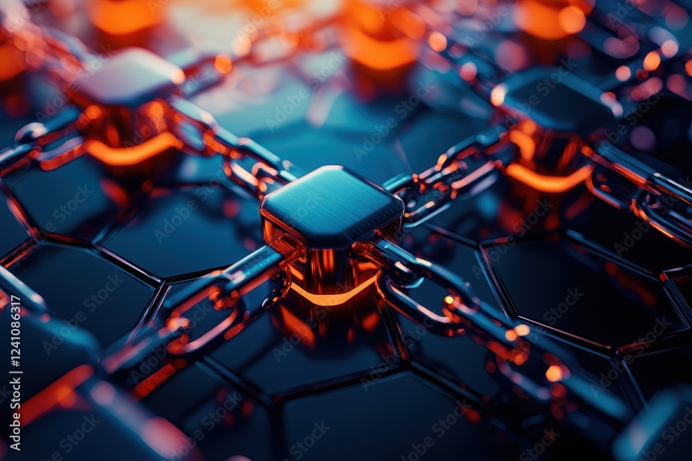 Fototapeta premium A close-up view of interconnected metallic chains and hexagonal shapes glowing in vibrant colors, showcasing a futuristic, digital aesthetic.