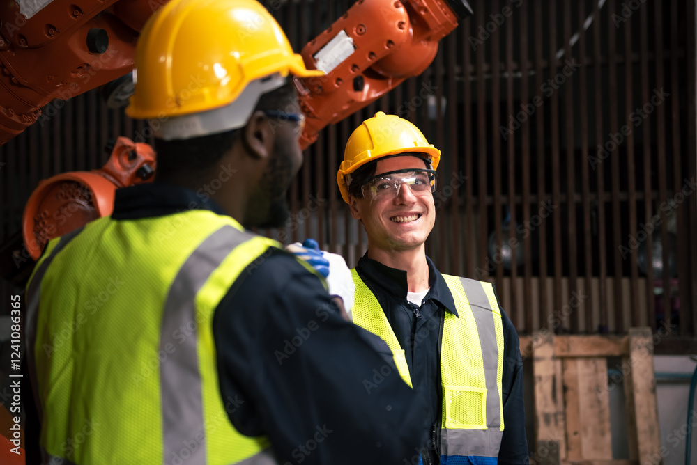 Happy technicians and engineers discussing work and collaborating with teamwork in an industrial factory with a robotic arm. Happy technicians and engineers discussing work and collaborating with teamwork in an industrial factory with a robotic arm.