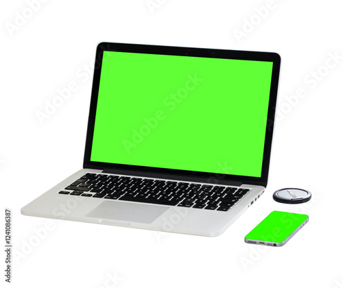 Laptop, Smartphone, and Smartwatch with Green Screens for Mockup Designs