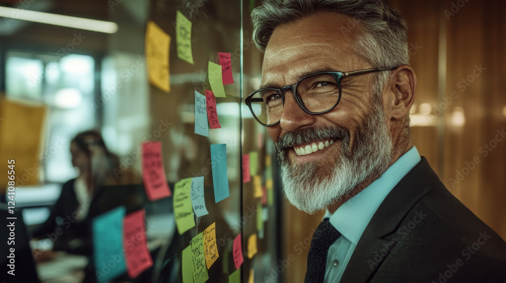 smiling businessman with glasses stands in front of glass wall covered in colorful sticky notes, conveying positive and collaborative work environment smiling businessman with glasses stands in front of glass wall covered in colorful sticky notes, conveying positive and collaborative work environment