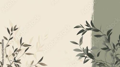 Minimalist gradient of muted earth tones with delicate plant branches on light background and green brush stroke