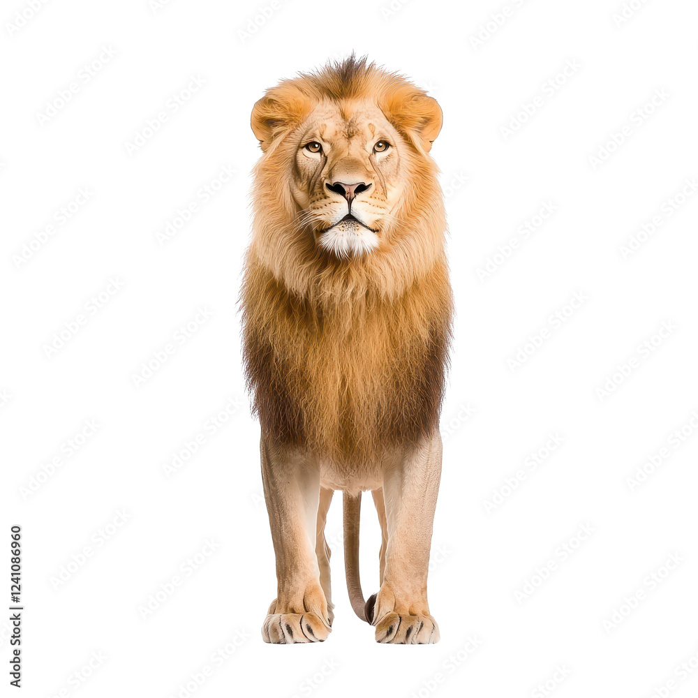 Fototapeta premium Majestic lion standing confidently against a white background.
