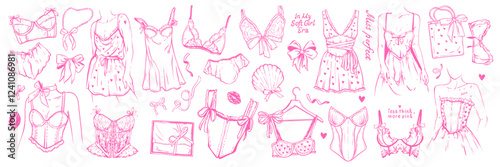 Romantic lingerie doodle set, vector hand drawn female underwear illustration, pink panties, corset. Beautiful woman clothes design, elegant attractive bra, glamorous textile. Lingerie doodle print
