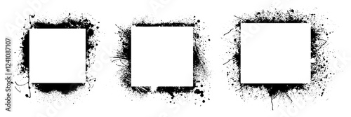 Graffiti square frame set, vector spraypaint rectangle border, grunge messy texture, liquid drop. Urban art background empty space, spray stain background blob. Graffiti frame antique design element