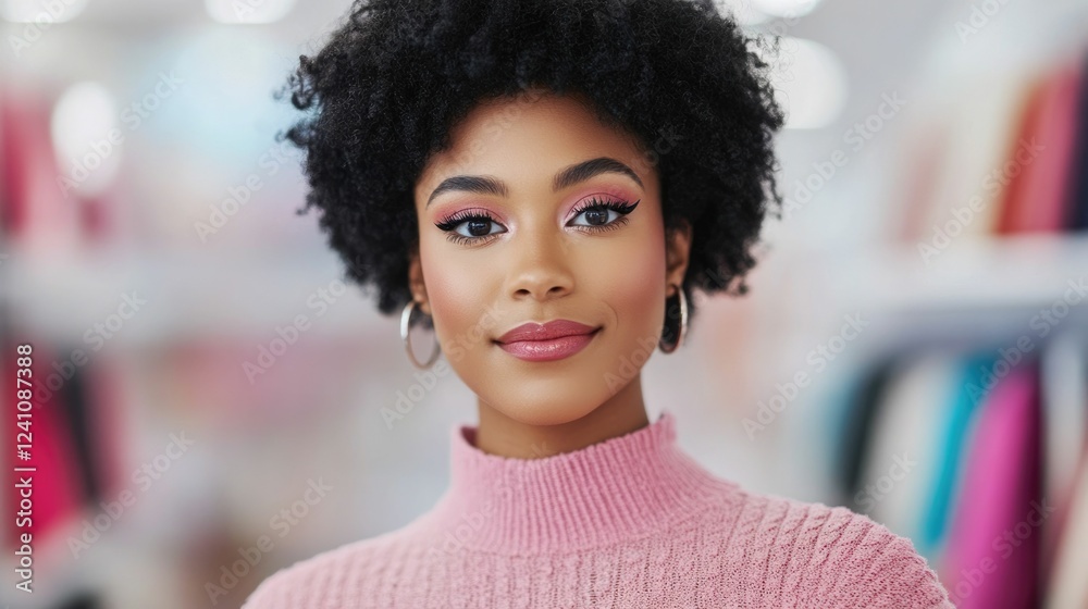 Confident young woman exploring bold eyeliner makeup options while admiring a modern display celebrating her creative self expression and personal style Confident young woman exploring bold eyeliner makeup options while admiring a modern display celebrating her creative self expression and personal style