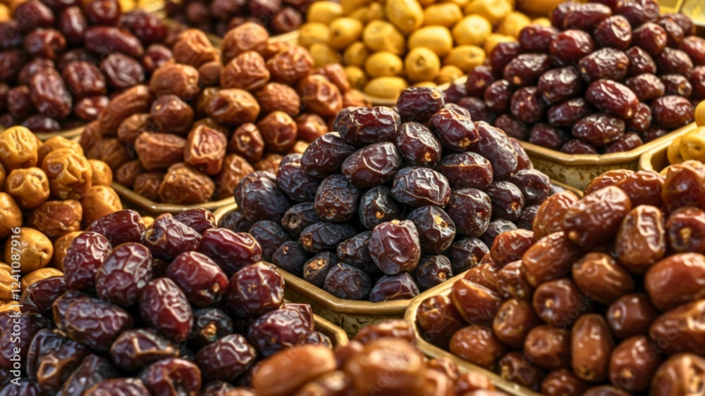 Obraz premium Organic Date Fruits Neatly Arranged for Selling