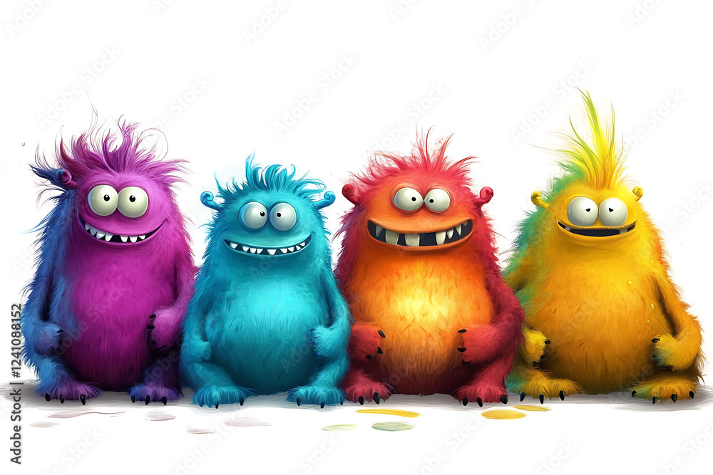 Fototapeta premium happy halloween, colorful 3d monster set, cute kawaii cartoon scary funny baby character. eyes, tongue, tooth fangs, hands up. white background, 3d illustration, 3d rendering