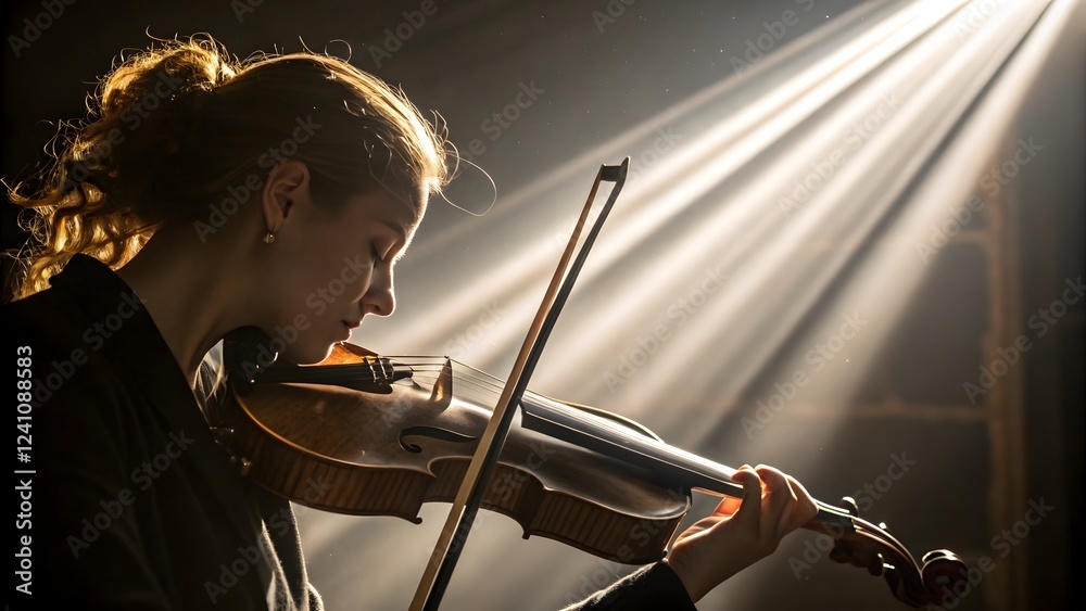 Fototapeta premium Young Woman Musician Playing Violin in Dramatic Light Classical Music Concert