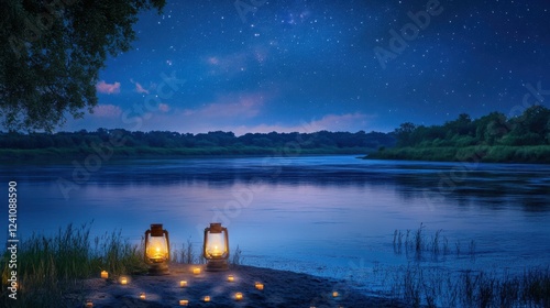 Tranquil River View with Illuminated Lanterns at Night
