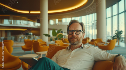 man with glasses sitting in modern lounge, looking thoughtful and relaxed. space features large windows and contemporary furniture, creating bright atmosphere photo