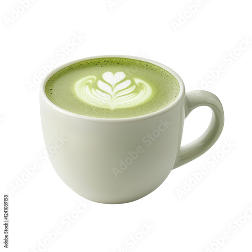A beautiful cup of matcha tea with artistic latte art on top, perfect for sipping.