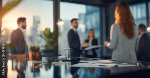 A team of executives in a roundtable discussion, exchanging insights with reports spread out, brainstorming corporate strategies in natural daylight.