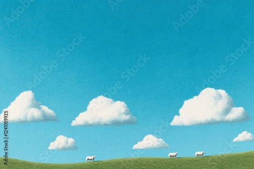 Three Sheep Grazing Under a Bright Blue Sky
