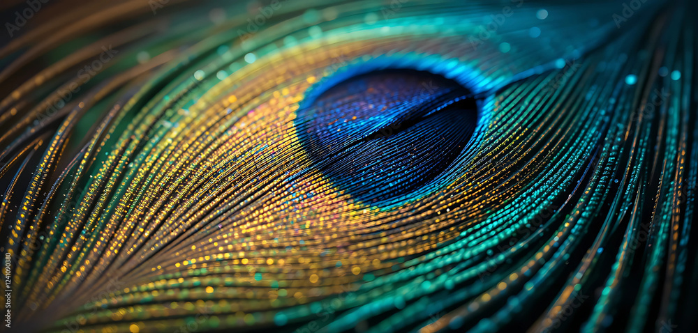 Fototapeta premium An extreme close-up of a peacock feather, revealing the microscopic iridescent barbs that create the mesmerizing blue, green, and gold hues.