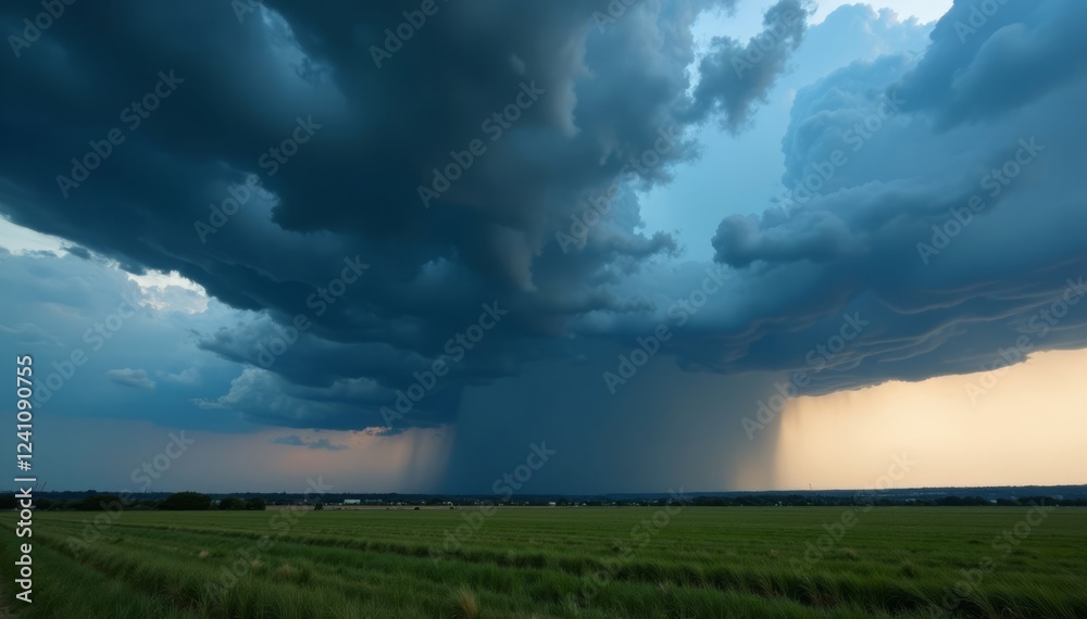 Dark grey thunderstorm with shelf cloud stretching over flat plains, severe thunderstorms, heavy clouds, dark skies Dark grey thunderstorm with shelf cloud stretching over flat plains, severe thunderstorms, heavy clouds, dark skies