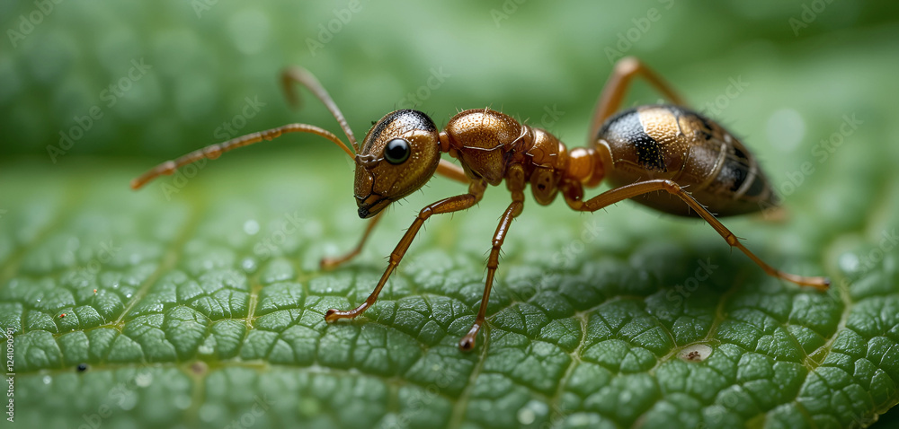 A highly detailed macro of a metallic-colored ant walking on a leaf, with its delicate legs clinging to the intricate vein network of the leaf’s surface. A highly detailed macro of a metallic-colored ant walking on a leaf, with its delicate legs clinging to the intricate vein network of the leaf’s surface.