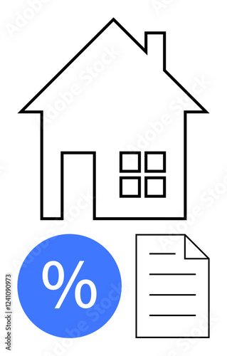 House outline with square windows, blue percentage symbol, and lined document. Ideal for real estate, finance, home buying, loans, interest rates financial planning housing market. Abstract line
