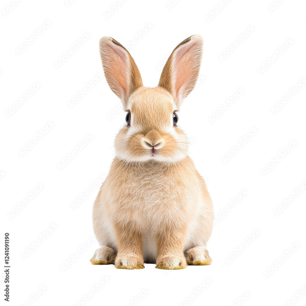 Fototapeta premium A cute, fluffy rabbit sitting calmly with its ears perked up, showcasing its adorable features.