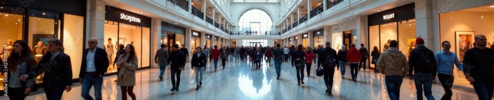 Fototapeta premium Crowd of shoppers strolling through a large indoor shopping mall, indoor shopping, shoppers, crowd
