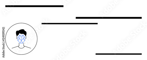 Circular face portrait featuring a digital facial recognition grid, surrounded by horizontal lines. Ideal for AI, security, data processing, biometrics, identity verification, cybersecurity, abstract