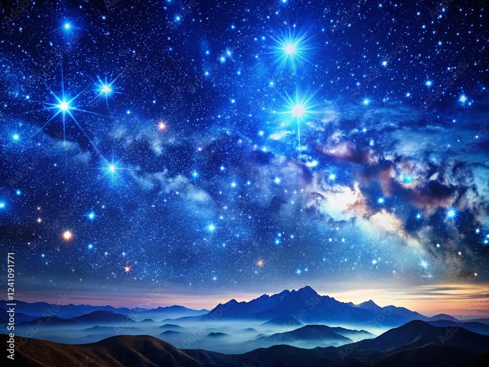 Fototapeta premium Glowing Blue Starry Night Sky Wallpaper: Celestial Landscape Photography