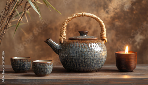 Black iron asian teapot and burning candle,vintage style photo