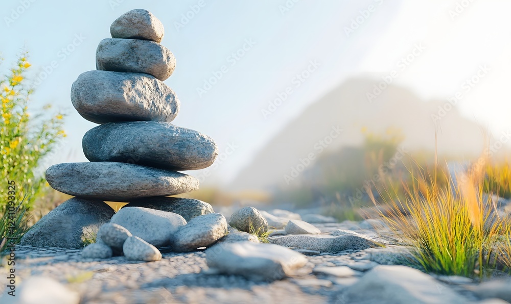 Balanced stones, serene mountain sunrise, calm path, nature tranquility, meditation image Balanced stones, serene mountain sunrise, calm path, nature tranquility, meditation image