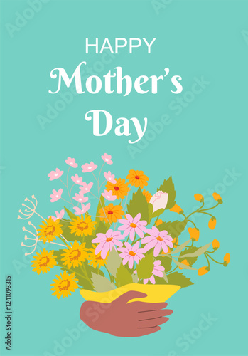 Happy mother's day card with colorful flower bouquet on teal background.