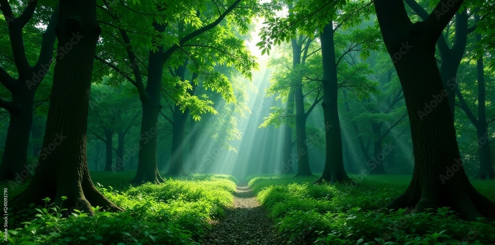 Obraz premium Dark forest canopy above vibrant green foliage, nature, outdoor, forest floor