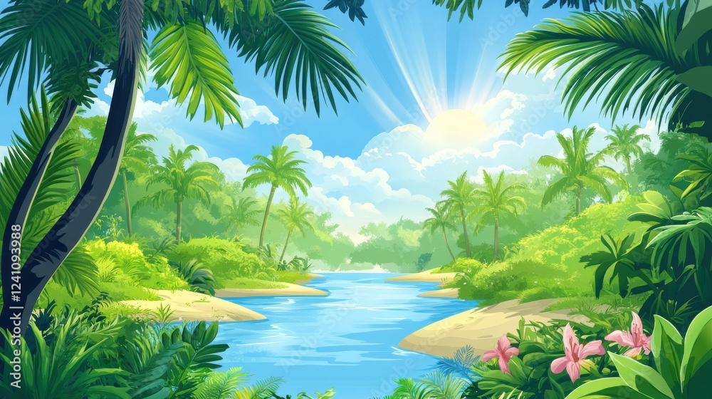 Fototapeta premium Tropical River Scene with Sustainable Practices