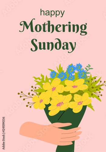 Happy mothering sunday greeting with bouquet of yellow and blue flowers.
